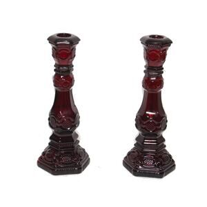 Vintage Avon 1876 Cape Cod Collection Ruby Red Glass Candlestick Pair EMPTY